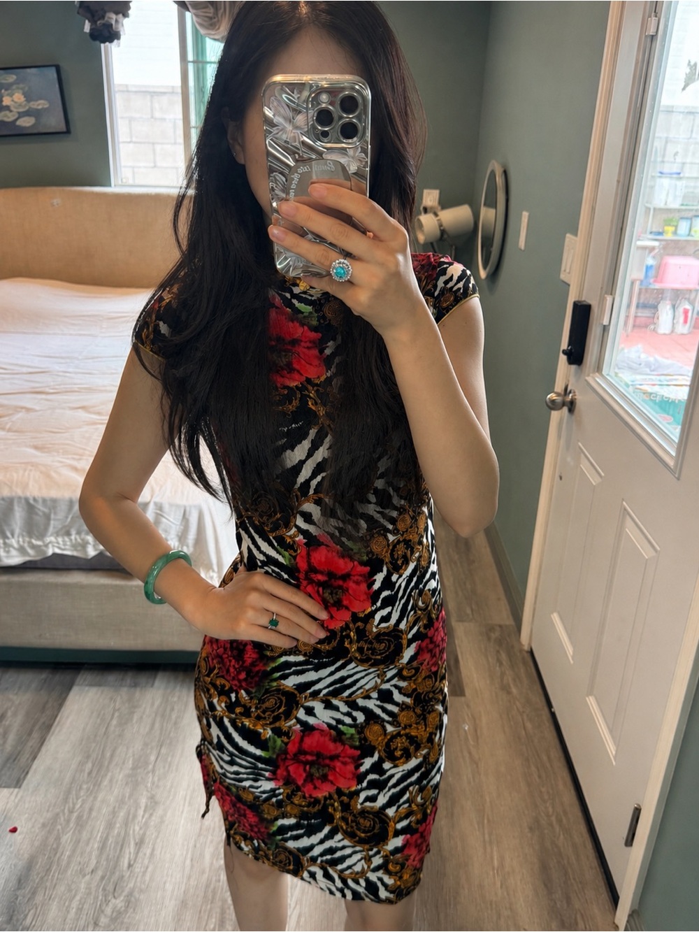 Y2K Zebra Floral Cheongsam Dress XS Petite Linen Blend